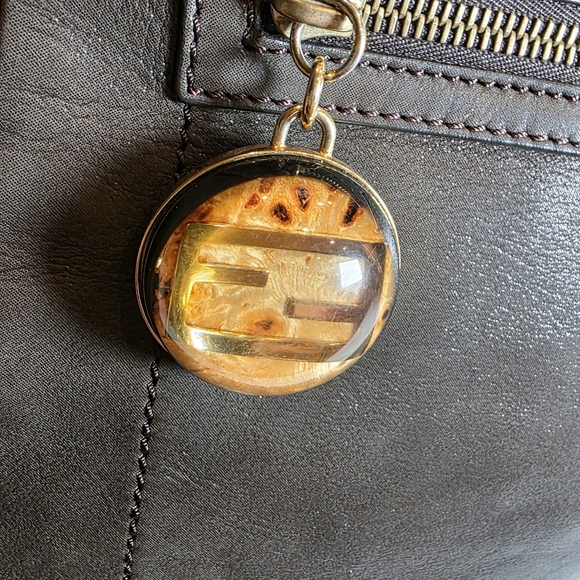 FENDI Tote Shoulder Bag Tortoise Shell Chaim Handle Purse Charcoal Brown Leather - Picture 8 of 10